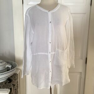 Pure Jill white cotton gauze round neck 1 pocket long sleeve button up tunic XL
